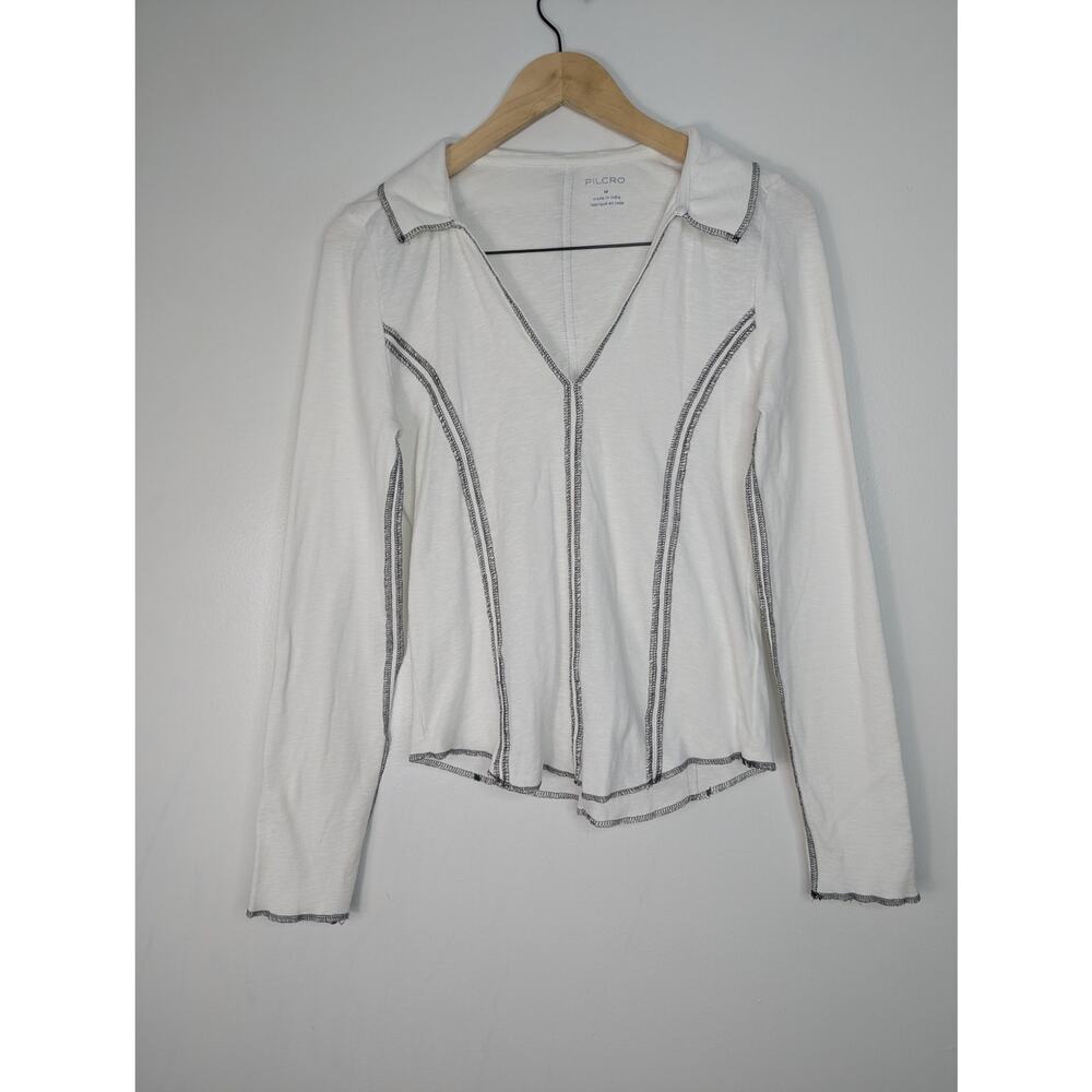Pilcro Anthropologie White Black Stitched Collared Long Sleeve Top - Picture 2 of 12
